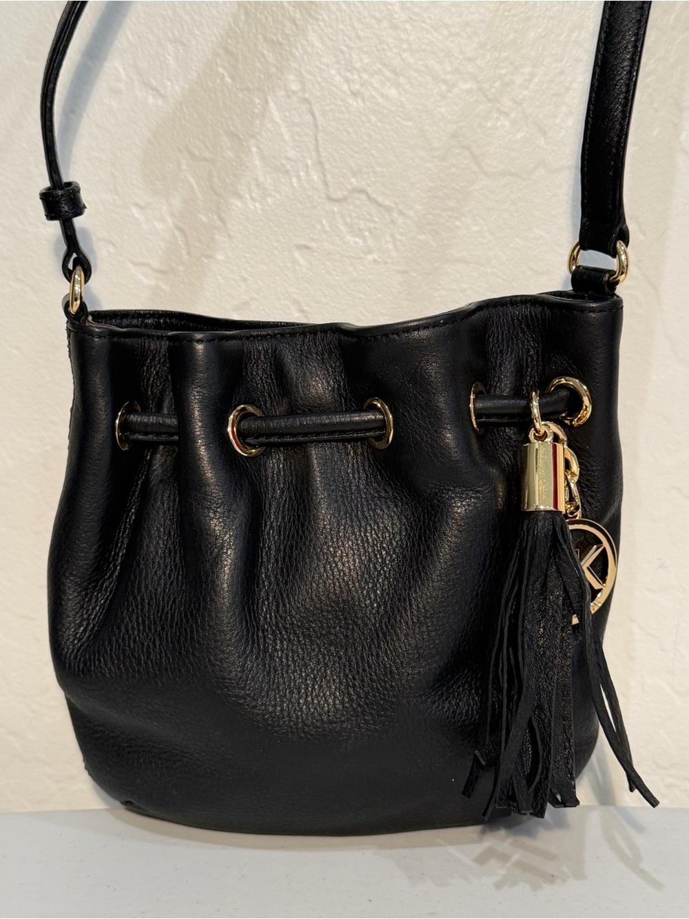 Michael Kors Camden Black Pebbled Leather Drawstring Bucket Crossbody Bag